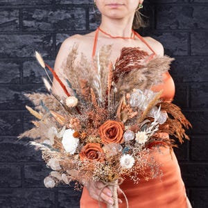 Boho Terracotta Burnt Orange Wedding Bouquet | Blush Dried Flowers, artificial Roses, Rustic Thistle | Perfect for Fall Desert Weddings