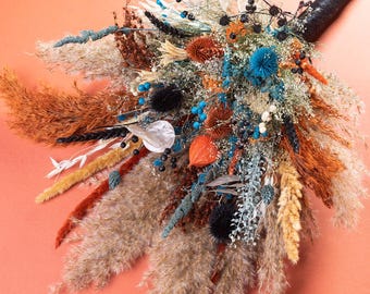 Boho Halloween Goth Rustic Burnt Orange Teal Black Bouquet Fall Bridal Bouquet Terracotta Wedding Dried Flowers Alternative Bridal Set Moody