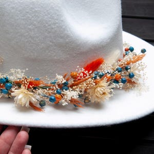 Dried flower hat decor, teal blue flower crown- rustic fall autumn wedding flower hat fedora arrangement, boho style dried accessories
