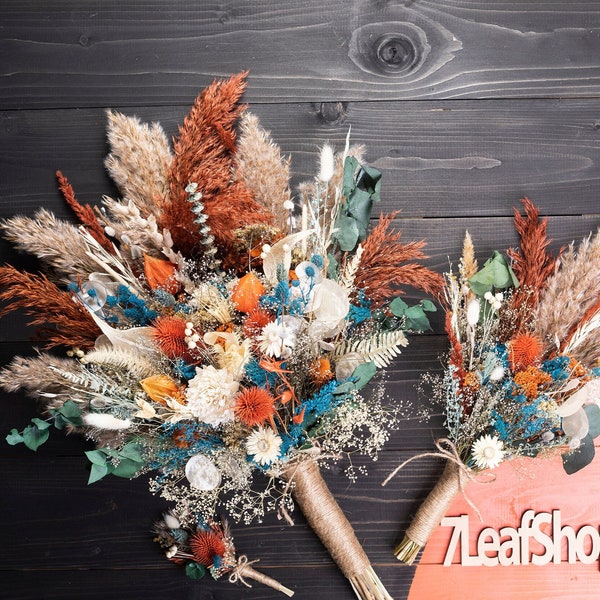 Dried flower eucalyptus sage green thistle fall autumn wedding bouquet set, terracotta flowers burnt orange teal blue pampas grass rust