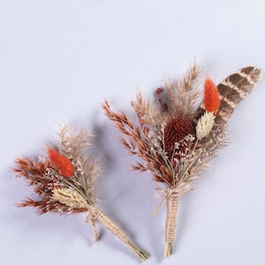 Dried flower boutonniere terracotta burnt orange pheasant feather rust fall autumn wedding, Wedding boho boutonniere, accessories rustic