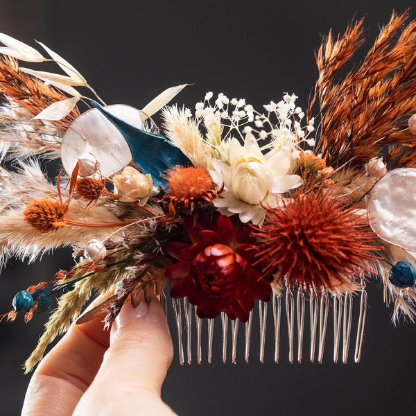 Boho Bridal comb burnt orange teal blue terracotta full autumn wedding, boutonniere Dried flowers Floral bridesmaid Hair accessories rustic