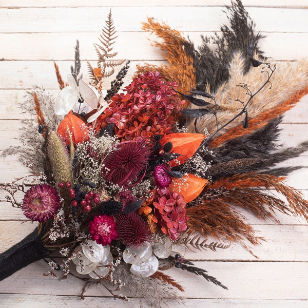 Dried flower black wedding bouquet gothic thistle fall autumn wedding set Burgundy orange pampas grass Teasel, rustic goth wedding