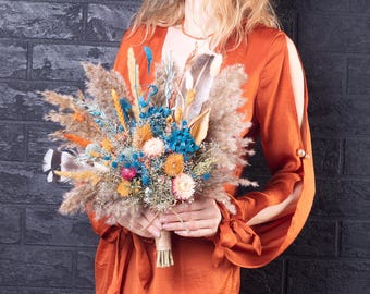 Teal Boho  Dried Flowers Wedding Bouquet Turkey Feathers Rustic Tan Fall Bridal Bouquet Western Arrangement Bridesmaid Gift Wedding Decor