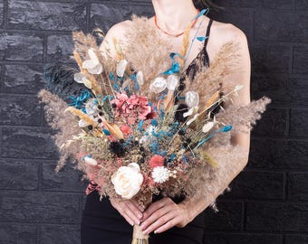 Boho Halloween Goth Rustic coral pink Teal Black Bouquet Fall Bridal Bouquet Wedding Dried Flowers Alternative Set Moody hair accessories