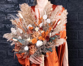 Terracotta Fall Boho Dried Flower Bridal Bouquet Eucalyptus Burnt Orange Brown Desert Wedding Bouquet Rustic Autumn Flowers Set Bridesmaid.