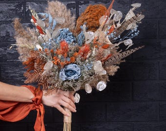 Boho Feather Dried Flower Bouquet Dusty Blue Rose Wildflower Terracotta Burnt Orange Rustic Wedding Bridal Bouquet Bridesmaid Set Pampas.