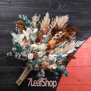 Fall Dried flower thistle wedding bouquet, burnt orange rust, eucalyptus sage green,turquoise blue, terracotta flowers, pampas, wildflowers