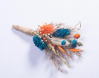 Dark Teal Terracotta Boutonniere Big and Small Dried Flower Groomsmen Lapel Buttonhole Rustic Boho Fall Wedding Decor Groom Accessories.