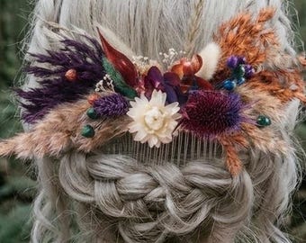 Bridal hair comb Jewel-tone burnt orange terracotta purple emerald green full wedding, Dried flowers Floral bridesmaid accessories rustic