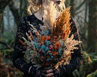 Terracotta Turquoise Black Wedding Bouquet Fall Dried Flower Thistle Bridal Bouquet Halloween Burnt Orange Rust Pampas Grass Boho Decor Set