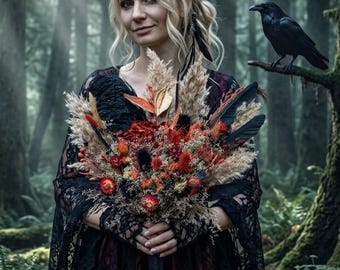 Gothic Raven Feather Bouquet Black Burnt Orange Moody Dried Flower Wedding Set Alternative Bridal Bouquet Halloween Boho Rust Pampas