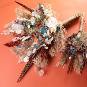 Burnt orange and teal bouquet, eucalyptus pheasant feather fall bridal bouquet, rust terracotta wedding, boho rustic style sola wood flowers