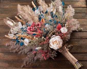 Boho rustic Coral teal bouquet, Tropical bridal pampas grass, wildflower bouquet