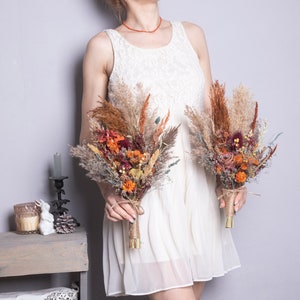 Terracotta wedding bouquet, boho terracotta bridal bouquet, Dried flower thistle fall autumn wedding bouquet burgundy orange pampas grass image 4