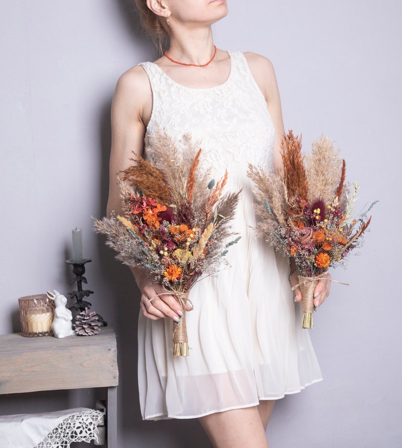 Terracotta wedding bouquet, boho terracotta bridal bouquet, Dried flower thistle fall autumn wedding bouquet burgundy orange pampas grass image 4