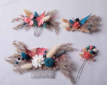 Gothic Wedding Gypsophila Hair clip teal Blue Black pink coral Bridal Piece Rustic Boho pin Dried Flower Alternative Halloween Hair Set