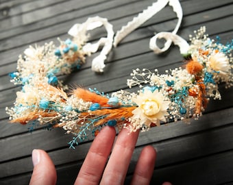 Dried flower fall flower crown wedding hair piece, rustic teal turquoise blue burnt orange bridal floral crown, boho headpiece bridal crown