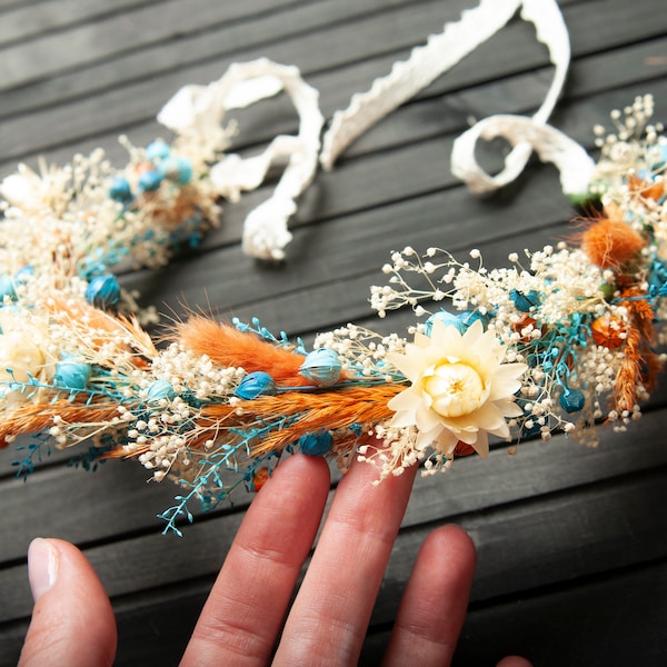 Dried flower fall flower crown wedding hair piece, rustic teal turquoise blue burnt orange bridal floral crown, boho headpiece bridal crown