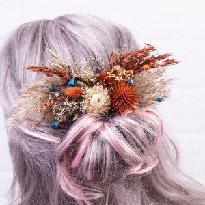 Bridal Dried flower hair comb Teal blue and Rust burnt orange terracotta fall wedding, corsage boutonniere  boho bridesmaid Hair accessories