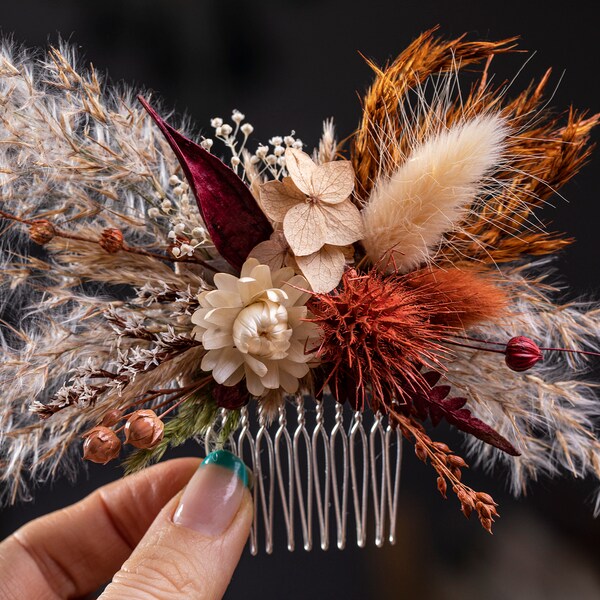 Bridal comb burnt orange terracotta cinnamon blush burgundy full autumn wedding, Dried flower boho Floral bridesmaid Hair rustic accessories