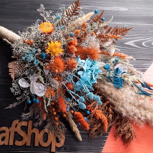 Rust Terracotta Fall bridal Dried flower wedding bouquet, burnt orange, teal blue turquoise, terracotta flowers bouquet, pampas, wildflowers