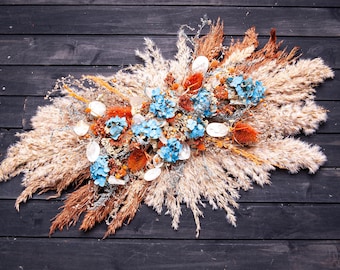 Rustic Wedding Arch Decor Burnt Orange Terracotta Light Teal Blue Dried Flowers Autumn Swag Western Boho Arbor Backdrop Wall Arrangement