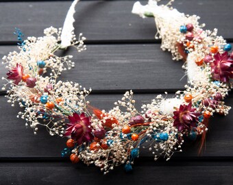Dried Flower Fall Bridal Flower Crown Wedding Hair Piece Rustic Teal Blue Burnt Orange Terracotta Autumn Wreath Western Boho Accessories