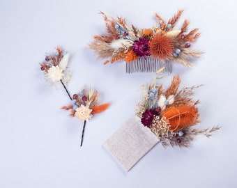 Bridal hair comb set burnt orange terracotta dusty blue burgundy full wedding, Dried flowers boho Floral bridesmaid Hair accessories rustic