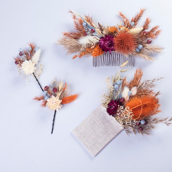 Bridal hair comb set burnt orange terracotta dusty blue burgundy full wedding, Dried flowers boho Floral bridesmaid Hair accessories rustic