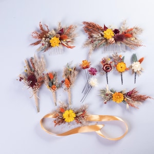 Burnt Orange Terracotta Bridal Hair Comb, floral clip, Dried Flower Corsage, Boutonniere Set | Boho Bridesmaid Hair Accessories Fall Wedding