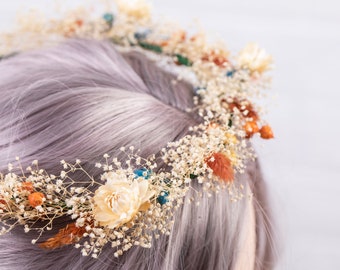 Dried flower fall flower crown wedding hair piece, rustic teal blue burnt orange bridal floral crown for bride, boho headpiece bridal crown