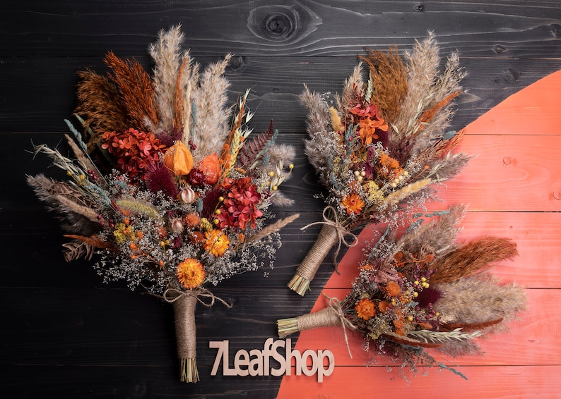 Terracotta wedding bouquet, boho terracotta bridal bouquet, Dried flower thistle fall autumn wedding bouquet burgundy orange pampas grass image 2