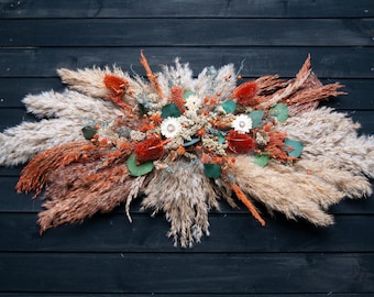 Dried Flower Rustic Eucalyptus Wedding Arch Burnt Orange Terracotta Florals Autumn Weddings Swag Western Boho Backdrop Arrangement.