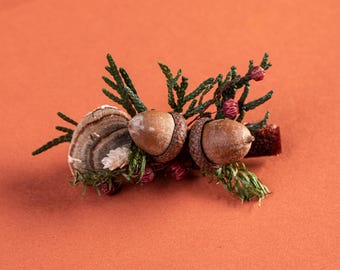 Whimsical Real Mushroom, Acorns Hair Clip Goblin Core Woodland Cottage Accessory, forest wedding botanical gift for her, moss dried flowers