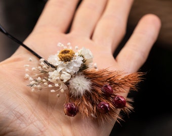 Terracotta full Bridal hair pin, headpiece wedding, burnt orange burgundy white Dried flowers Floral boho bridesmaid Hair accessories rustic