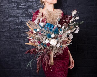 Moody Teal Burgundy Cascade Bouquet Boho Dried Flowers Wedding Florals Eucalyptus Pampas Grass Bridal Bouquet Bridesmaid Set Dark romance