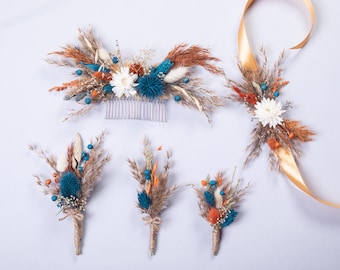 Peineta para el cabello de novia, broche para ramillete, clip, naranja quemado, terracota, azul verdoso, flores secas para boda, accesorios bohemios para damas de honor, conjunto de flores para boutonniere