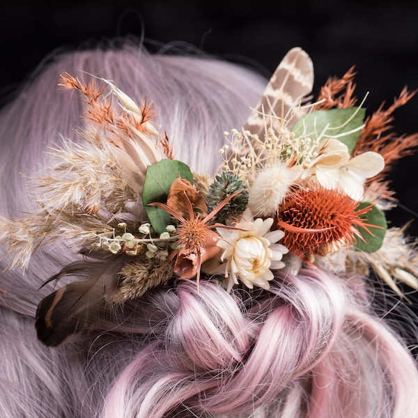 Bridal hair comb full autumn wedding, burnt orange terracotta eucalyptus, pheasant feathers, Floral boho bridesmaid Hair accessories rustic