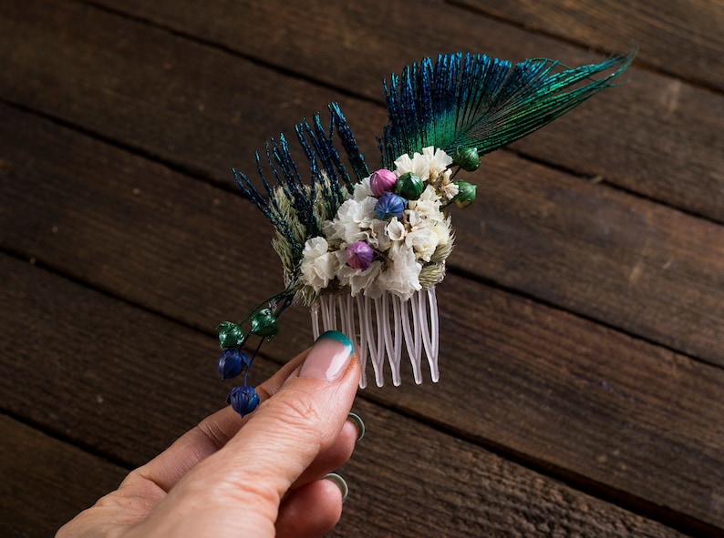Floral Hair Comb feather mini bridal bridesmaid dried flower Hair accessories woodland rustic wedding peacock feather personalized combs