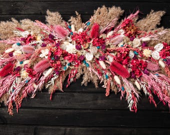 Gedroogde bloementuin bruiloft boog swag roze welkomstbord kantoor salon achtergrond decor boho bloemstuk boog decor bloem muur hangen