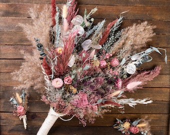 Dusty Rose Mauve Sage Green Dried Flower Wedding Bouquet Boho Fall Rustic Bridal Bouquet Bridesmaid Set Eucalyptus Preserved Flowers Pampas