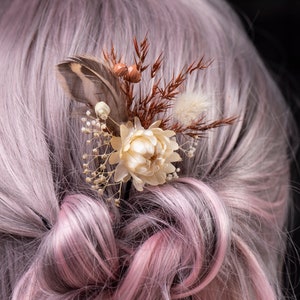 Dried flower pin, Boho Bridal Rustic Autumn Wedding Hair pin Accessory with Pheasant Feather, Dried Flowers in Burnt Orange & Terracotta