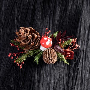 Whimsical Mushroom amanita Hair Clip with Cones, Moss - Goblin Core Woodland Cottage-Core Accessory, Forest hair Accessory gift for her