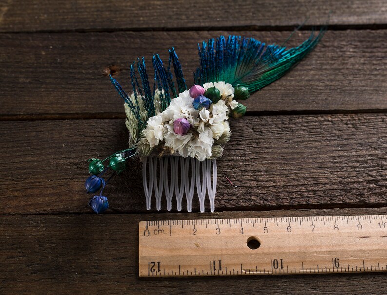 Floral Hair Comb feather mini bridal bridesmaid dried flower Hair accessories woodland rustic wedding peacock feather personalized combs