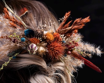 Teal Blue terracotta Pheasant Feather Hair Comb | Dried Flower Fall Wedding Corsage & Boutonniere