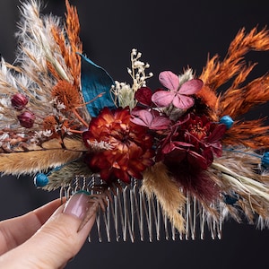 Dried flower bridal hair comb Fall Teal blue burgundy wedding hair piece, rustic burnt orange, wildflower boho corsage boutonniere headpiece