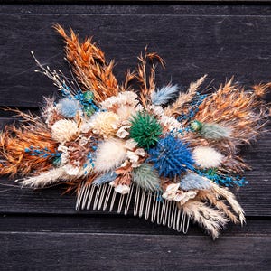 Rustic Bridal Hair Comb - Teal Blue & Rust with Dried Flowers | Fall Wedding Accessory | Boho Bridesmaid Hair Piece Burnt Orange, Ivory