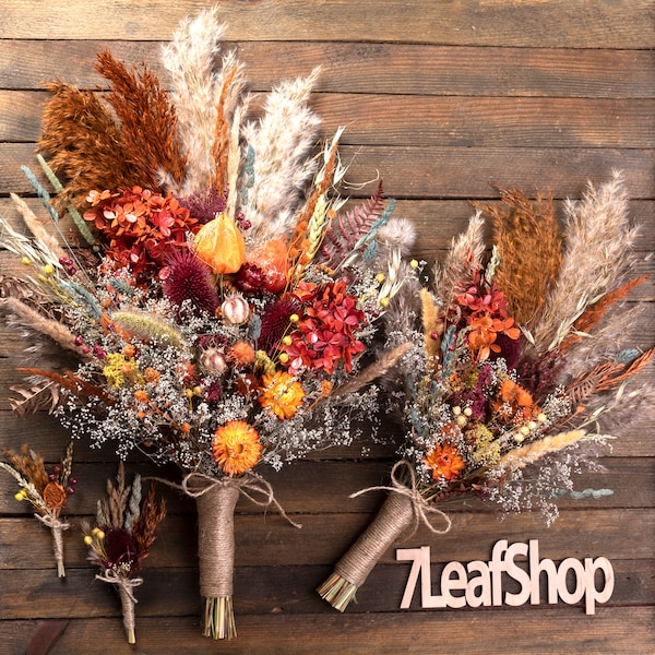 Terracotta wedding bouquet, boho terracotta bridal bouquet, Dried flower thistle fall autumn wedding bouquet burgundy orange pampas grass