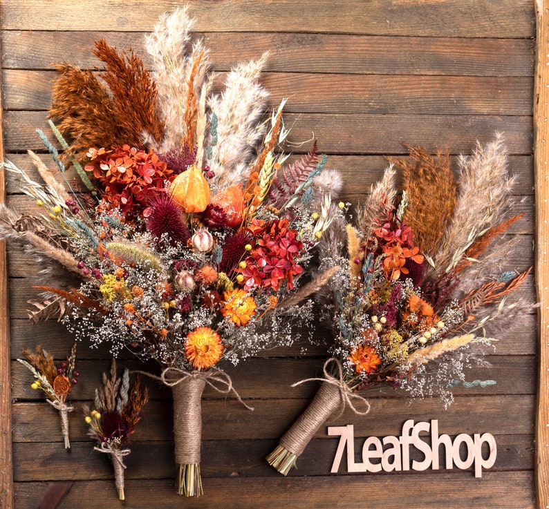 Terracotta wedding bouquet, boho terracotta bridal bouquet, Dried flower thistle fall autumn wedding bouquet burgundy orange pampas grass image 1